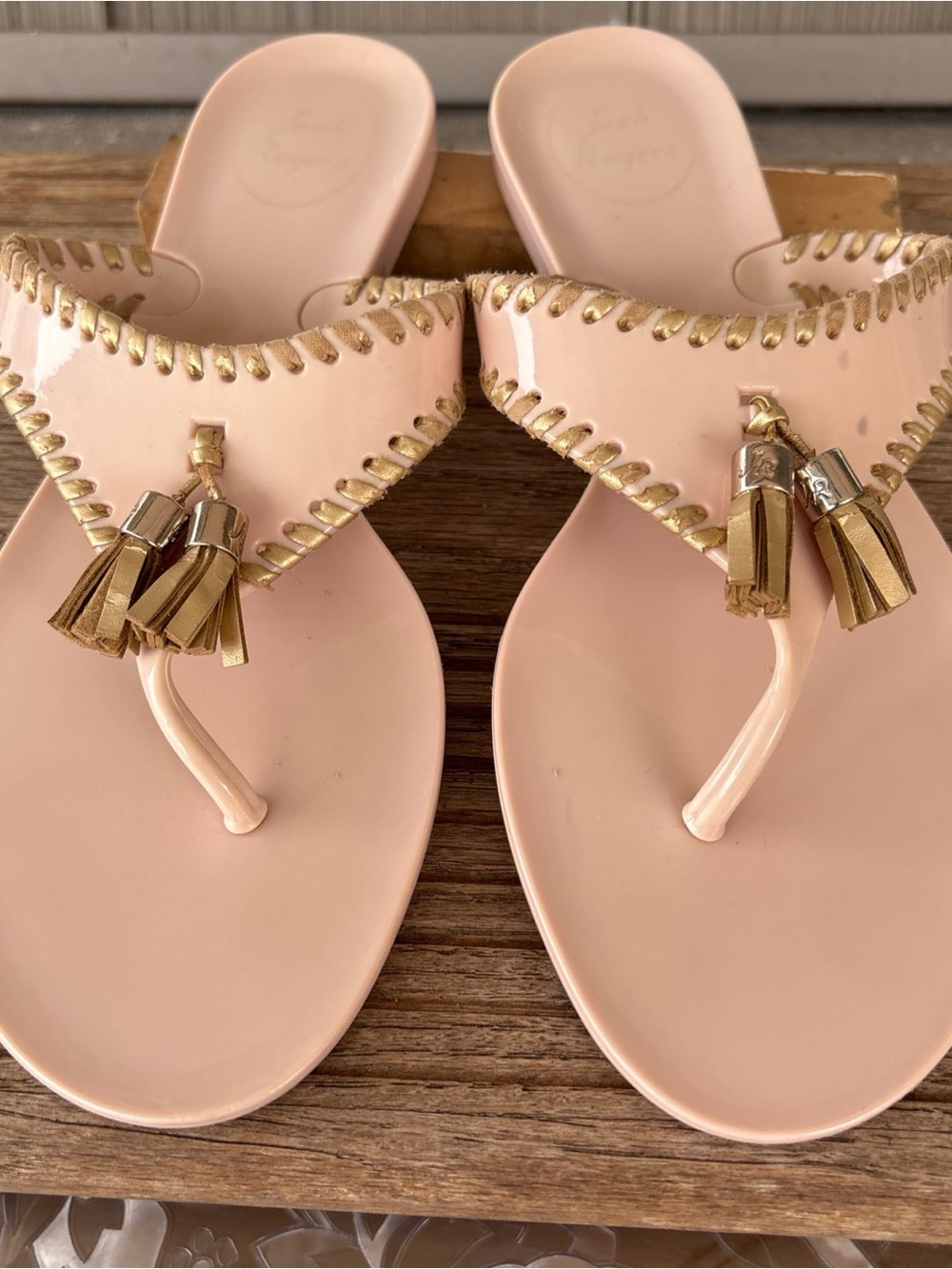 Jack Rogers Light Pink Tassel Thong Sandals with Gold Accents